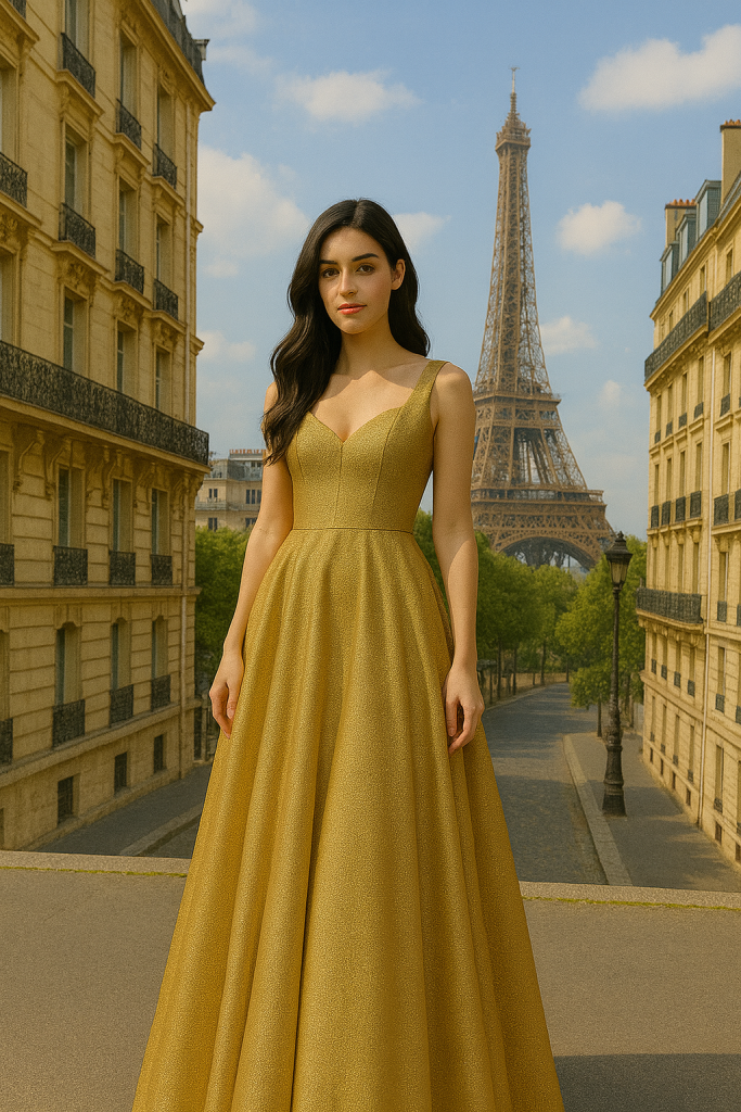 Une charmante escorte en robe jaune, tirée du site escortparis24.com